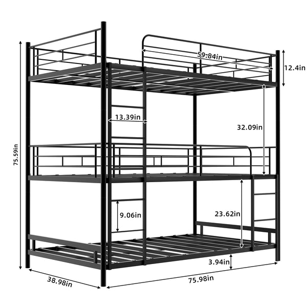 English Elm Heavy-duty triple bunk bed frame with built-in ladder, full guardrails, metal slats, space-saving design Black W1935P330699
