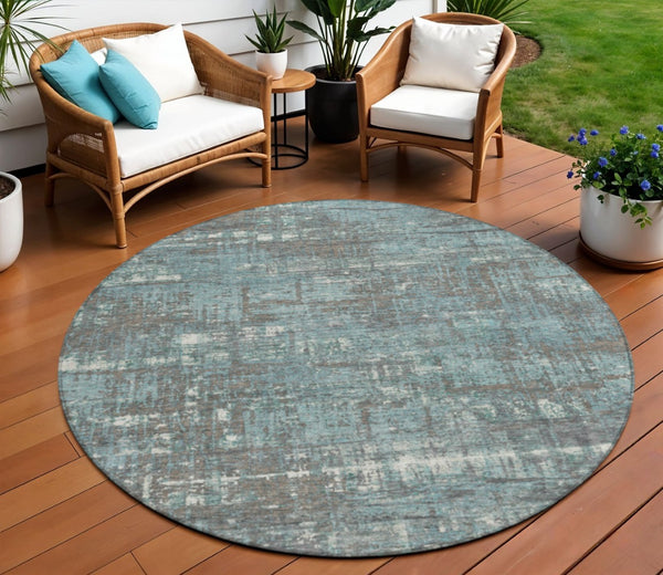 HomeRoots 5' Stylish Taupe and Teal Geometric Washable Area Rug for Indoor and Outdoor Spaces, Durable Design 8' Round 627727