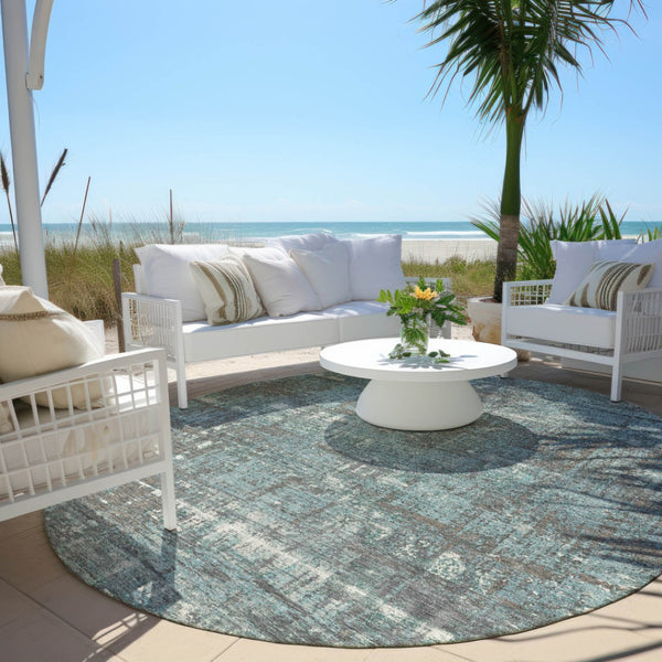 HomeRoots 5' Stylish Taupe and Teal Geometric Washable Area Rug for Indoor and Outdoor Spaces, Durable Design 8' Round 627727