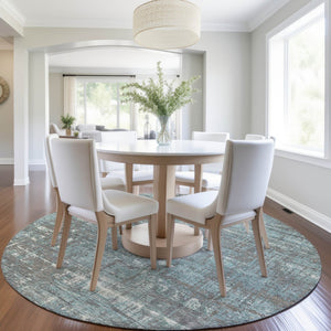 HomeRoots 5' Stylish Taupe and Teal Geometric Washable Area Rug for Indoor and Outdoor Spaces, Durable Design 8' Round 627727