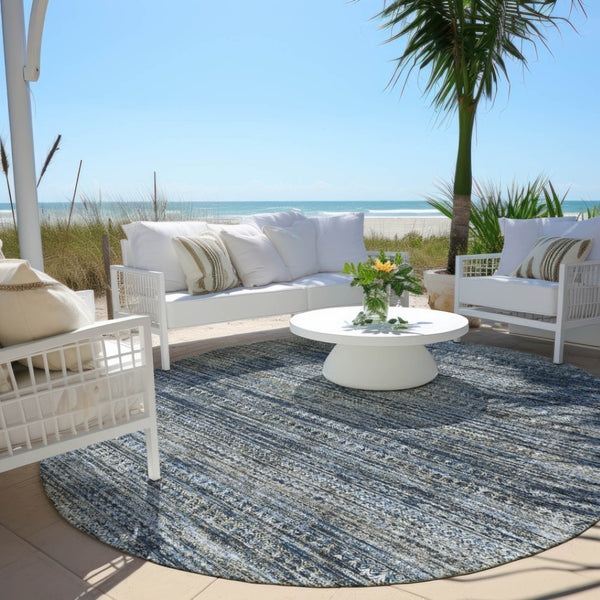 HomeRoots 5' Stylish Denim Blue and Ivory Striped Indoor Outdoor Area Rug for Effortless Coastal Charm 8' Round 627781