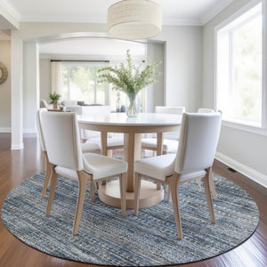 HomeRoots 5' Stylish Denim Blue and Ivory Striped Indoor Outdoor Area Rug for Effortless Coastal Charm 8' Round 627781