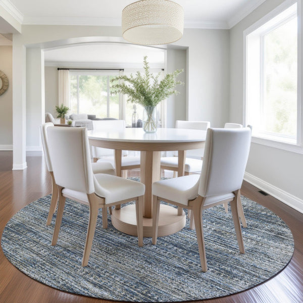 HomeRoots 5' Stylish Denim Blue and Ivory Striped Indoor Outdoor Area Rug for Effortless Coastal Charm 8' Round 627781