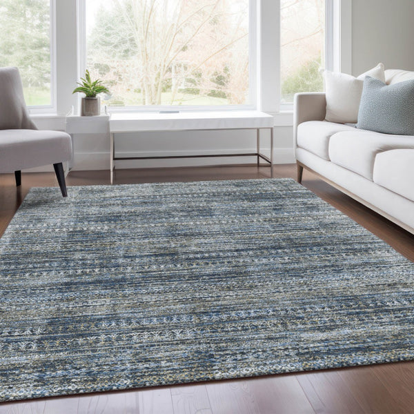 HomeRoots 5' Stylish Denim Blue and Ivory Striped Indoor Outdoor Area Rug for Effortless Coastal Charm 9' X 12' 627783