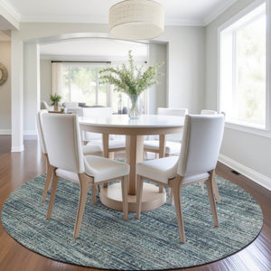 HomeRoots 5' Durable Teal Blue and Ivory Striped Area Rug for Indoor and Outdoor Use - Easy Care, Stylish Design 8' Round 627787