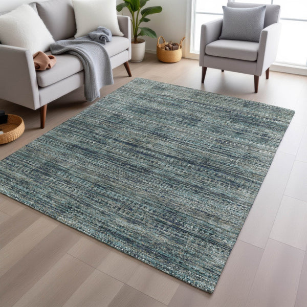 HomeRoots 5' Durable Teal Blue and Ivory Striped Area Rug for Indoor and Outdoor Use - Easy Care, Stylish Design 9' X 12' 627789
