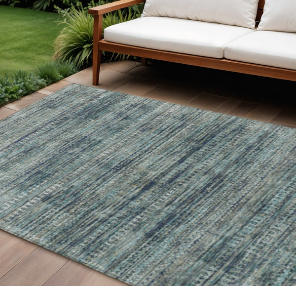 HomeRoots 5' Durable Teal Blue and Ivory Striped Area Rug for Indoor and Outdoor Use - Easy Care, Stylish Design 10' X 14' 627790