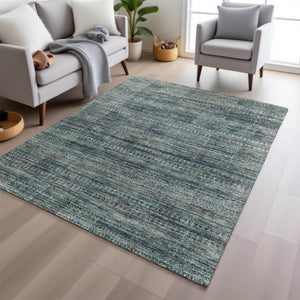 HomeRoots 5' Durable Teal Blue and Ivory Striped Area Rug for Indoor and Outdoor Use - Easy Care, Stylish Design 10' X 14' 627790