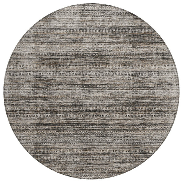 HomeRoots 5' Stylish Taupe and Ivory Striped Washable Area Rug for Indoor and Outdoor Spaces - Easy Care! 8' Round 627793