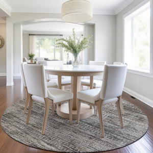 HomeRoots 5' Stylish Taupe and Ivory Striped Washable Area Rug for Indoor and Outdoor Spaces - Easy Care! 8' Round 627793