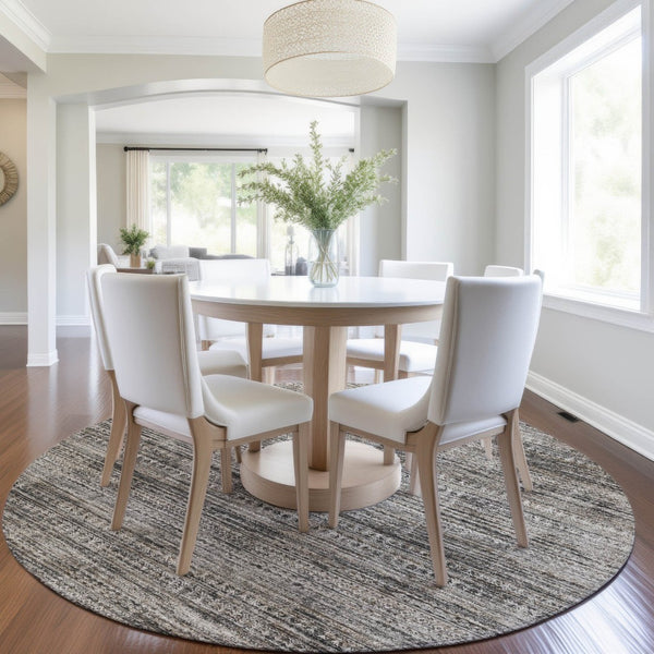 HomeRoots 5' Stylish Taupe and Ivory Striped Washable Area Rug for Indoor and Outdoor Spaces - Easy Care! 8' Round 627793