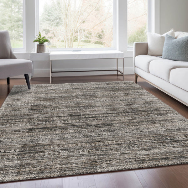 HomeRoots 5' Stylish Taupe and Ivory Striped Washable Area Rug for Indoor and Outdoor Spaces - Easy Care! 8' X 10' 627794