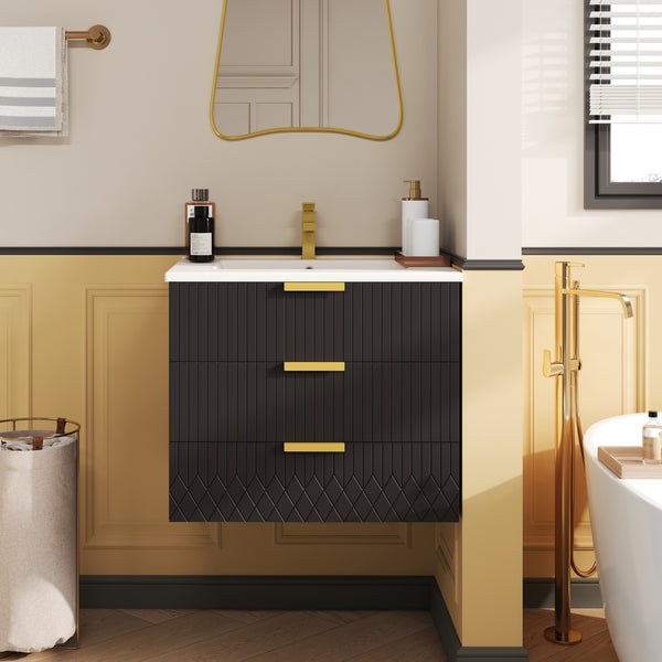 English Elm 24inch Bathroom Vanity with Ceramic Basin Sink, Wall-Mounted Double Drawer Cabinet for Small Baths Black N710P324097B