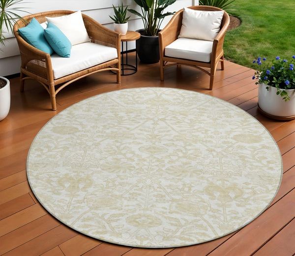 HomeRoots 5' Elegant Ivory and Beige Floral Area Rug - Stylish Washable Design for Indoor and Outdoor Spaces 8' Round 627817