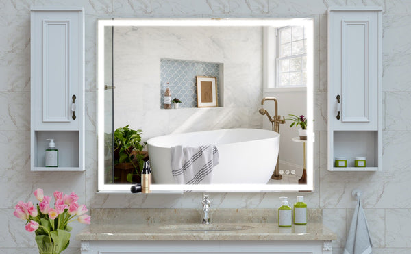 English Elm 32x40 LED Bathroom Vanity Mirror Silver Frame IP44 Anti-Fog Touch Dimmer Memory Tray Modern Smart W708P176758