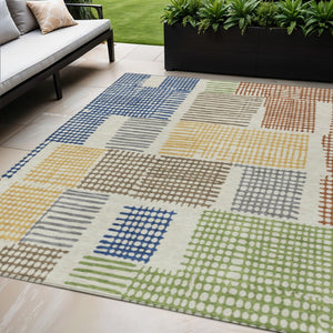 HomeRoots 5' Stylish Beige Gold and Blue Geometric Area Rug for Indoor and Outdoor Decor – Machine Washable! 5' X 8' 627852