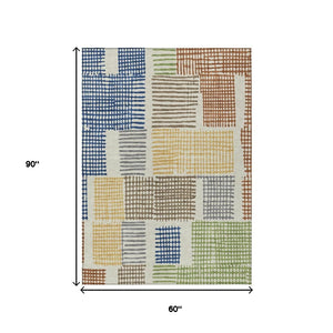 HomeRoots 5' Stylish Beige Gold and Blue Geometric Area Rug for Indoor and Outdoor Decor – Machine Washable! 5' X 8' 627852