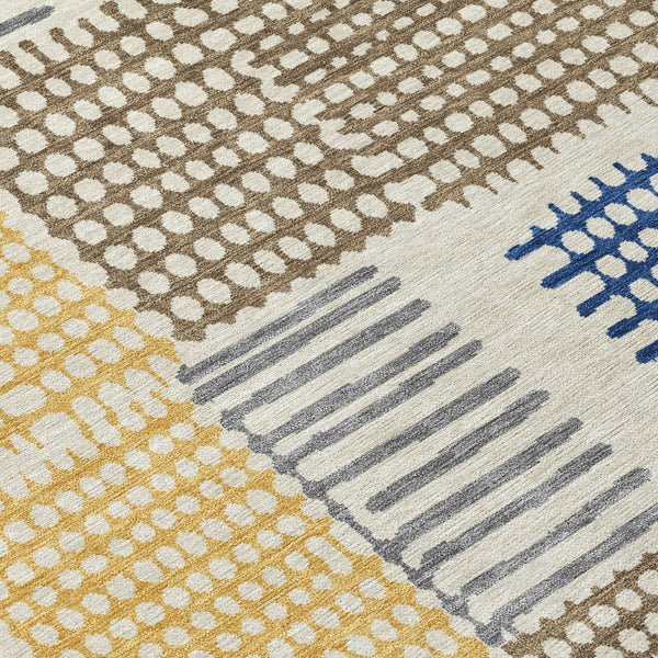 HomeRoots 5' Stylish Beige Gold and Blue Geometric Area Rug for Indoor and Outdoor Decor – Machine Washable! 5' X 8' 627852