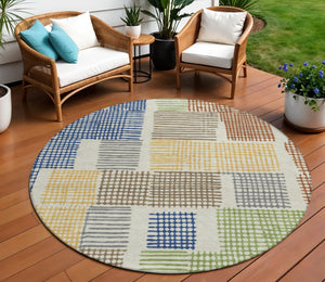 HomeRoots 5' Stylish Beige Gold and Blue Geometric Area Rug for Indoor and Outdoor Decor – Machine Washable! 8' Round 627853