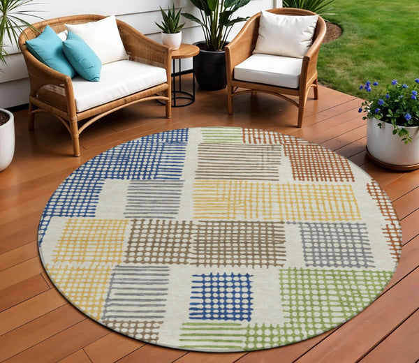 HomeRoots 5' Stylish Beige Gold and Blue Geometric Area Rug for Indoor and Outdoor Decor – Machine Washable! 8' Round 627853
