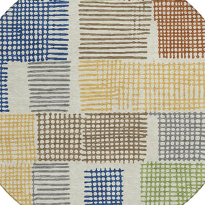 HomeRoots 5' Stylish Beige Gold and Blue Geometric Area Rug for Indoor and Outdoor Decor – Machine Washable! 8' Round 627853