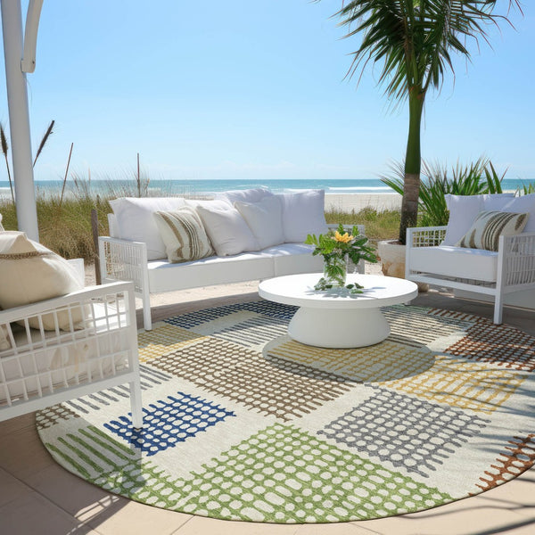 HomeRoots 5' Stylish Beige Gold and Blue Geometric Area Rug for Indoor and Outdoor Decor – Machine Washable! 8' Round 627853