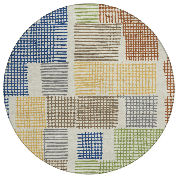HomeRoots 5' Stylish Beige Gold and Blue Geometric Area Rug for Indoor and Outdoor Decor – Machine Washable! 8' Round 627853