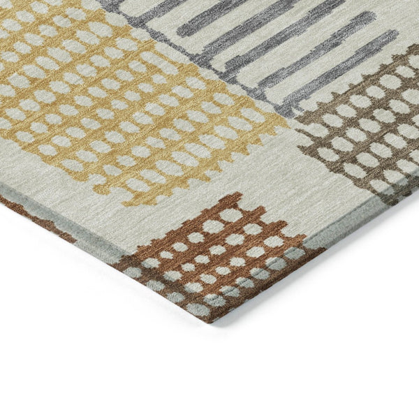 HomeRoots 5' Stylish Beige Gold and Blue Geometric Area Rug for Indoor and Outdoor Decor – Machine Washable! 8' Round 627853