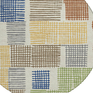 HomeRoots 5' Stylish Beige Gold and Blue Geometric Area Rug for Indoor and Outdoor Decor – Machine Washable! 8' Round 627853