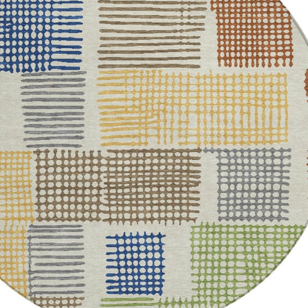 HomeRoots 5' Stylish Beige Gold and Blue Geometric Area Rug for Indoor and Outdoor Decor – Machine Washable! 8' Round 627853