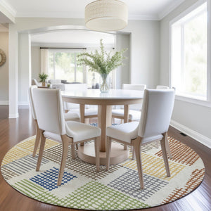 HomeRoots 5' Stylish Beige Gold and Blue Geometric Area Rug for Indoor and Outdoor Decor – Machine Washable! 8' Round 627853