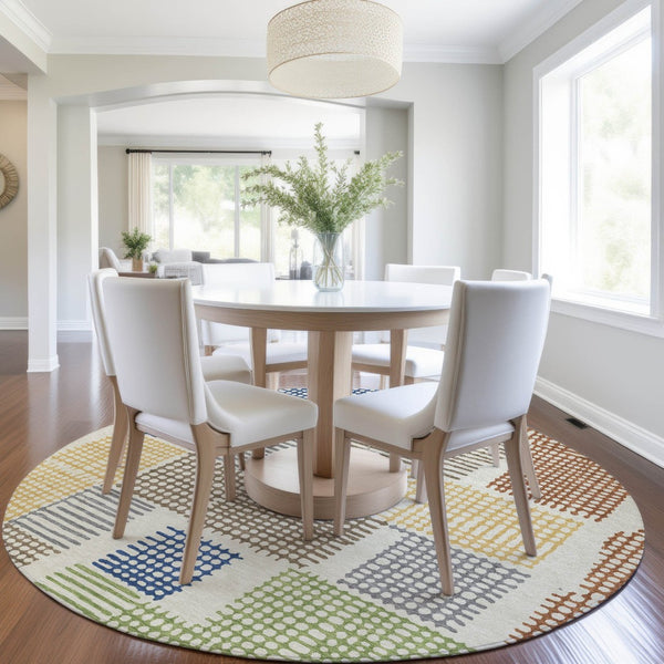 HomeRoots 5' Stylish Beige Gold and Blue Geometric Area Rug for Indoor and Outdoor Decor – Machine Washable! 8' Round 627853