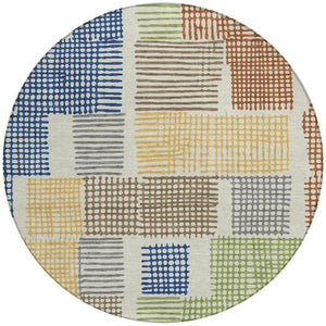 HomeRoots 5' Stylish Beige Gold and Blue Geometric Area Rug for Indoor and Outdoor Decor – Machine Washable! 8' Round 627853