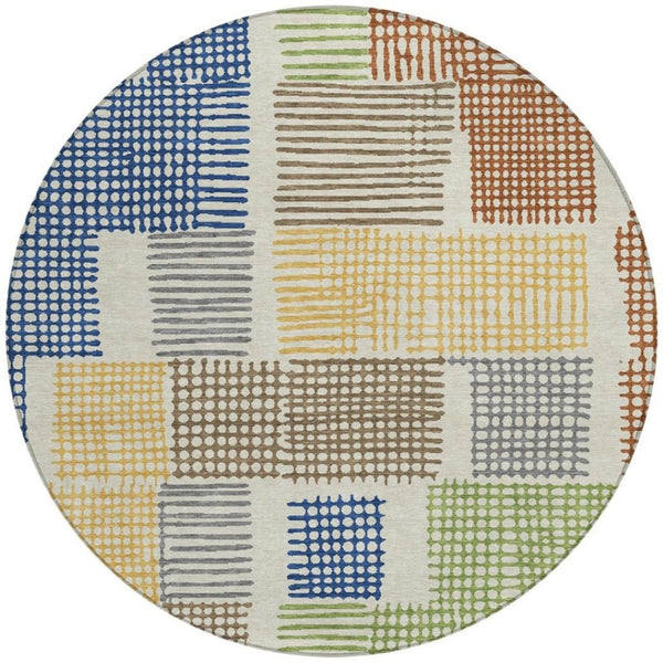 HomeRoots 5' Stylish Beige Gold and Blue Geometric Area Rug for Indoor and Outdoor Decor – Machine Washable! 8' Round 627853