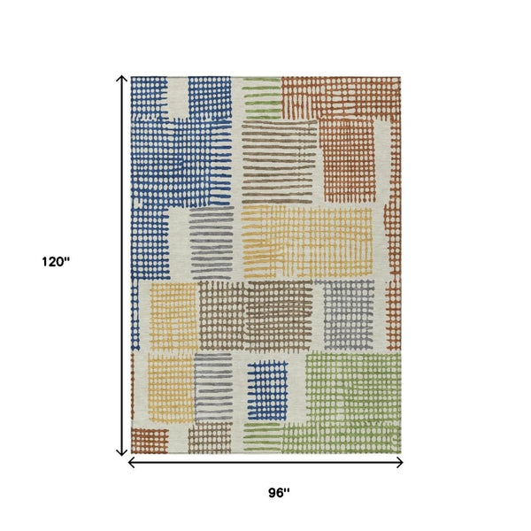 HomeRoots 5' Stylish Beige Gold and Blue Geometric Area Rug for Indoor and Outdoor Decor – Machine Washable! 8' X 10' 627854