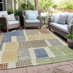 HomeRoots 5' Stylish Beige Gold and Blue Geometric Area Rug for Indoor and Outdoor Decor – Machine Washable! 9' X 12' 627855