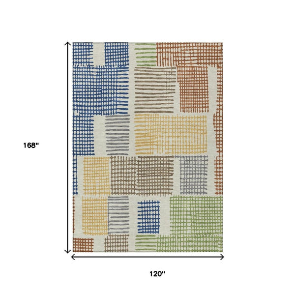 HomeRoots 5' Stylish Beige Gold and Blue Geometric Area Rug for Indoor and Outdoor Decor – Machine Washable! 10' X 14' 627856