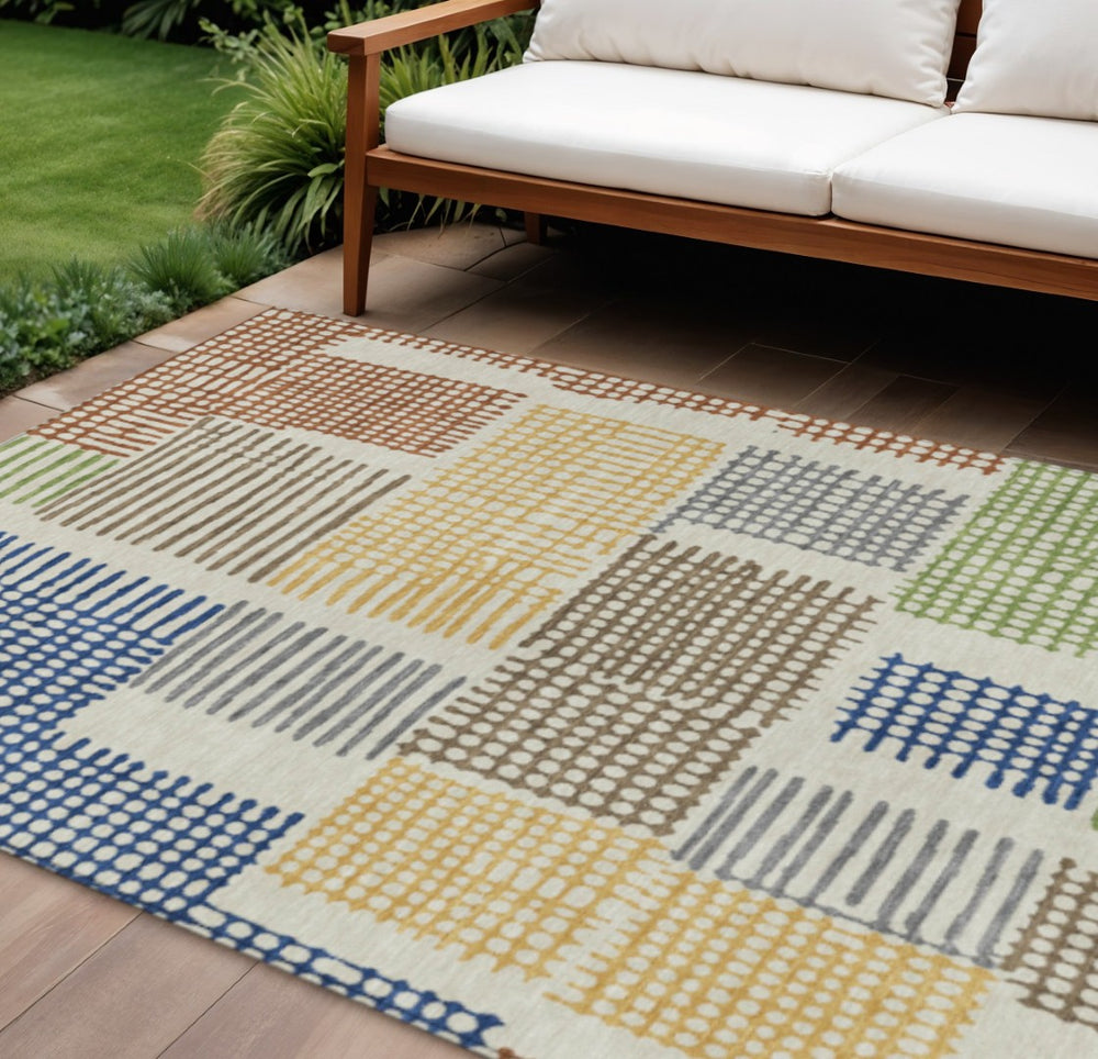 HomeRoots 5' Stylish Beige Gold and Blue Geometric Area Rug for Indoor and Outdoor Decor – Machine Washable! 10' X 14' 627856