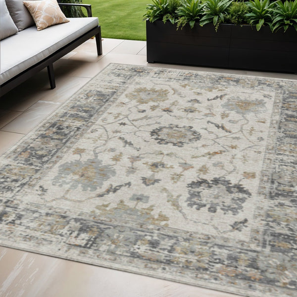 HomeRoots 5' Ivory and Gray Floral Area Rug - Durable, Washable Design for Indoor and Outdoor Elegance 5' X 8' 627870