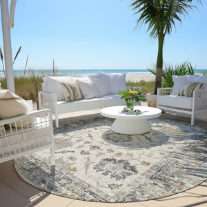HomeRoots 5' Ivory and Gray Floral Area Rug - Durable, Washable Design for Indoor and Outdoor Elegance 8' Round 627871