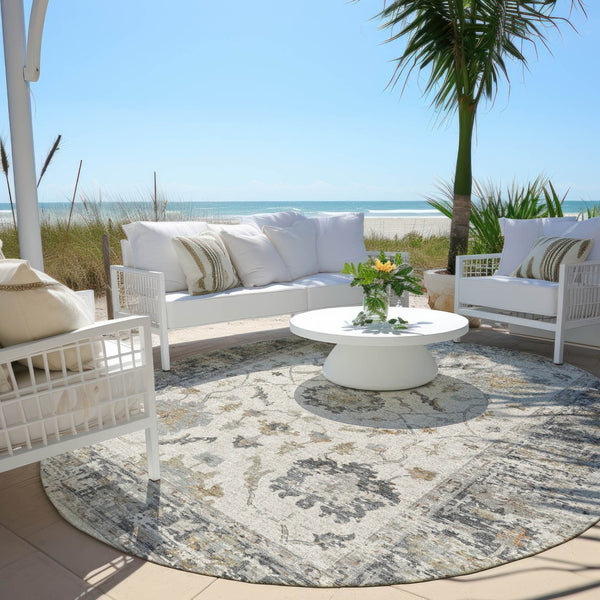 HomeRoots 5' Ivory and Gray Floral Area Rug - Durable, Washable Design for Indoor and Outdoor Elegance 8' Round 627871
