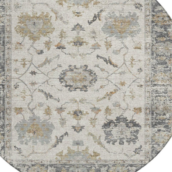 HomeRoots 5' Ivory and Gray Floral Area Rug - Durable, Washable Design for Indoor and Outdoor Elegance 8' Round 627871