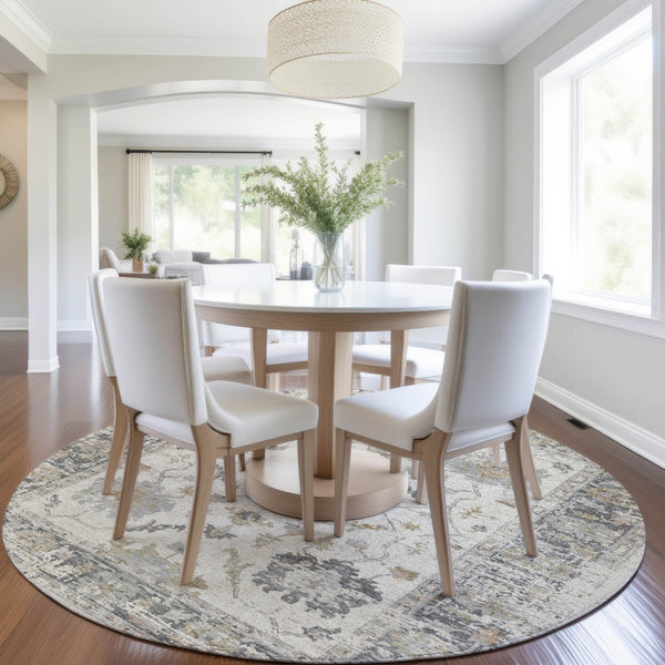HomeRoots 5' Ivory and Gray Floral Area Rug - Durable, Washable Design for Indoor and Outdoor Elegance 8' Round 627871