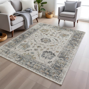HomeRoots 5' Ivory and Gray Floral Area Rug - Durable, Washable Design for Indoor and Outdoor Elegance 8' X 10' 627872