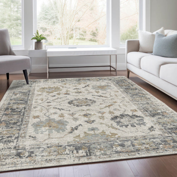 HomeRoots 5' Ivory and Gray Floral Area Rug - Durable, Washable Design for Indoor and Outdoor Elegance 8' X 10' 627872