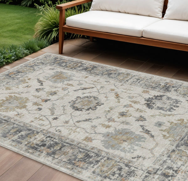 HomeRoots 5' Ivory and Gray Floral Area Rug - Durable, Washable Design for Indoor and Outdoor Elegance 10' X 14' 627874