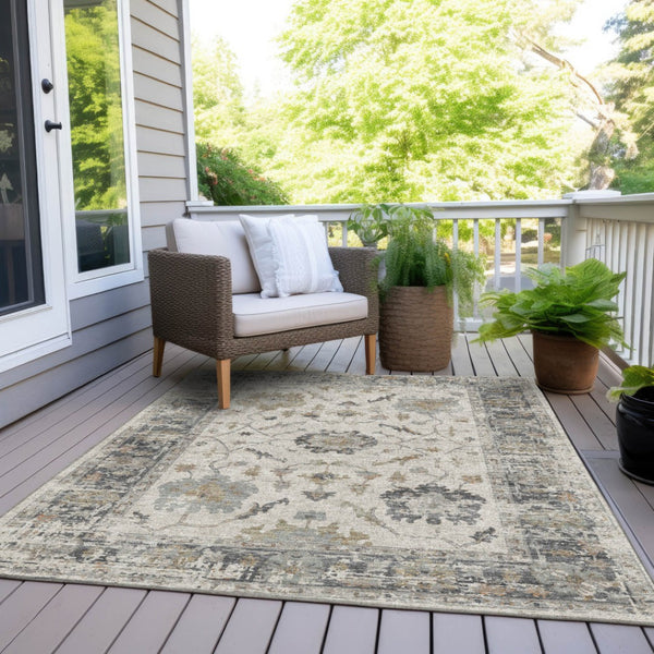 HomeRoots 5' Ivory and Gray Floral Area Rug - Durable, Washable Design for Indoor and Outdoor Elegance 10' X 14' 627874