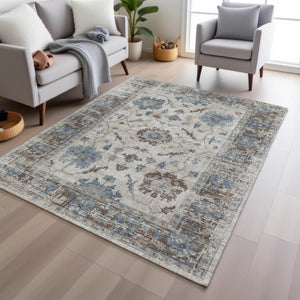HomeRoots 5' Elegant Beige and Blue Floral Machine-Washable Area Rug for Indoor and Outdoor Spaces 5' X 8' 627888