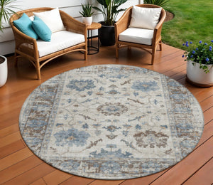 HomeRoots 5' Elegant Beige and Blue Floral Machine-Washable Area Rug for Indoor and Outdoor Spaces 8' Round 627889
