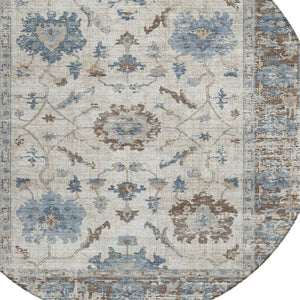HomeRoots 5' Elegant Beige and Blue Floral Machine-Washable Area Rug for Indoor and Outdoor Spaces 8' Round 627889